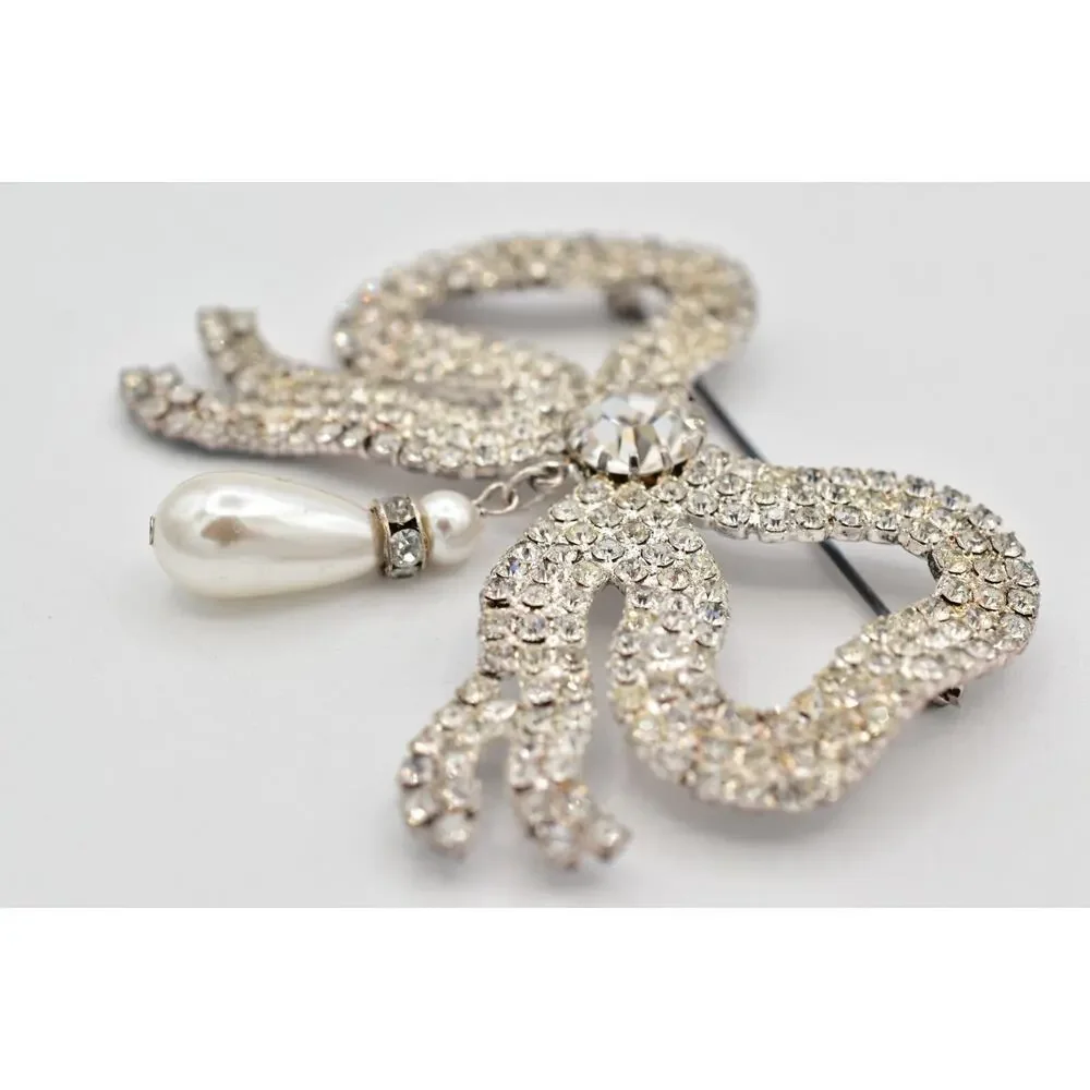 Vintage Crystal Bow Pin Brooch Pearl Dangle Prong Rhinestone Silver 1960s BinBI